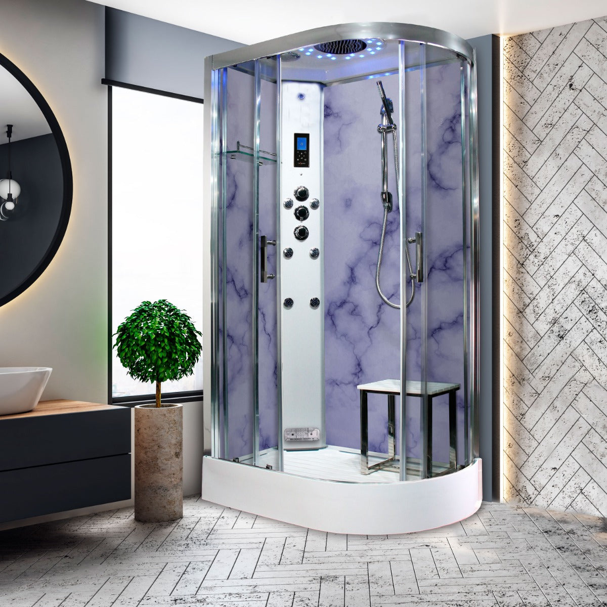 Insignia Offset Steam Shower Grey Marble 1100mm x 700mm - Nuovo Luxury