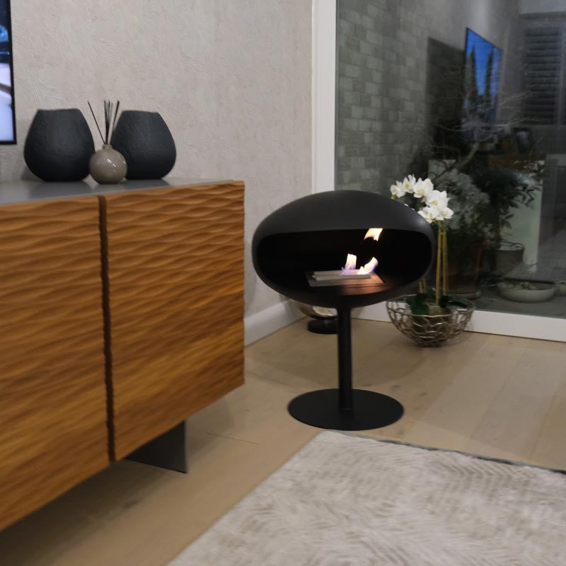 Cocoon Pedestal Smokeless Bioethanol Fire Black with a Black Base